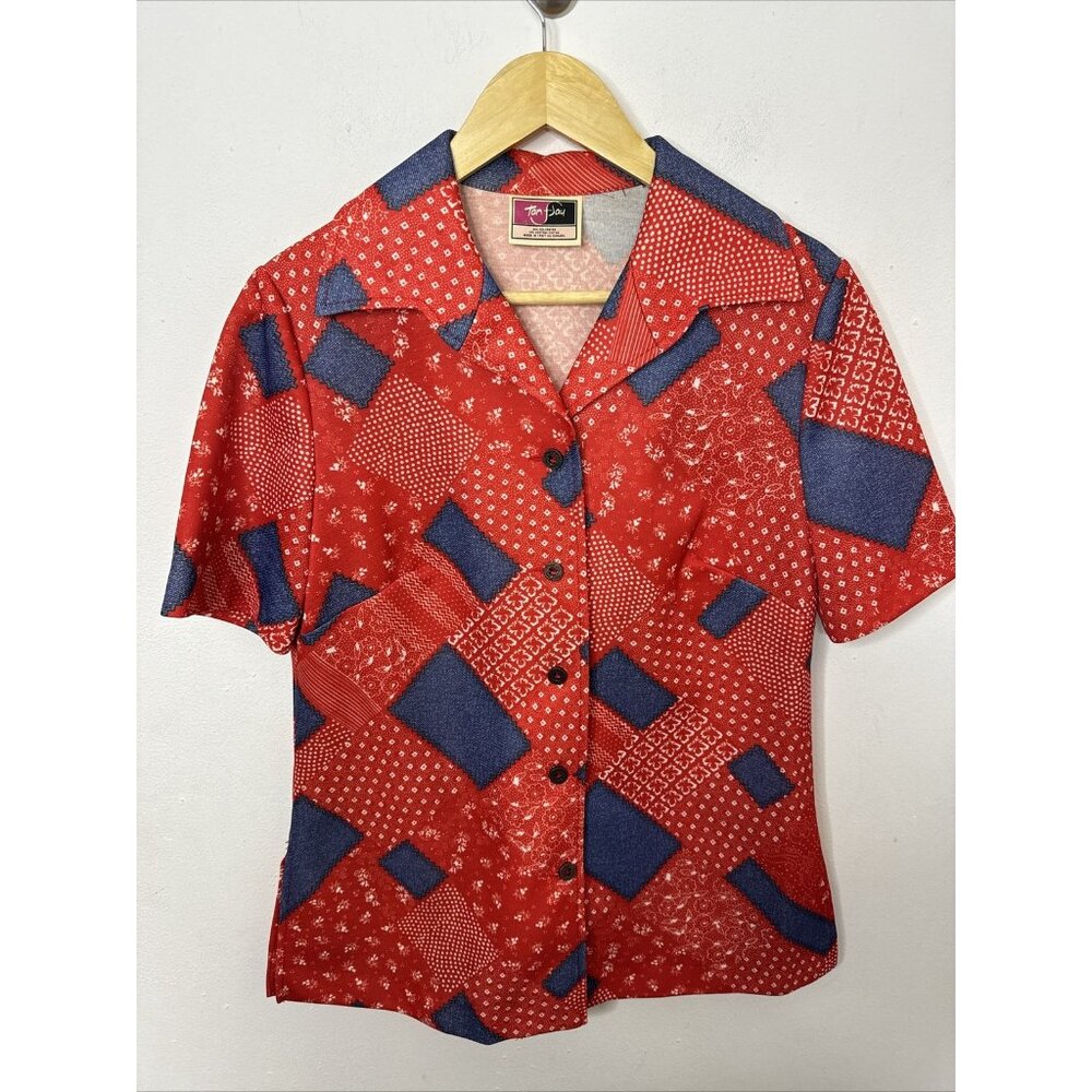 Vintage Tan Jay Woman 14 Red Button Shirt 70s Mod Disco Hipster